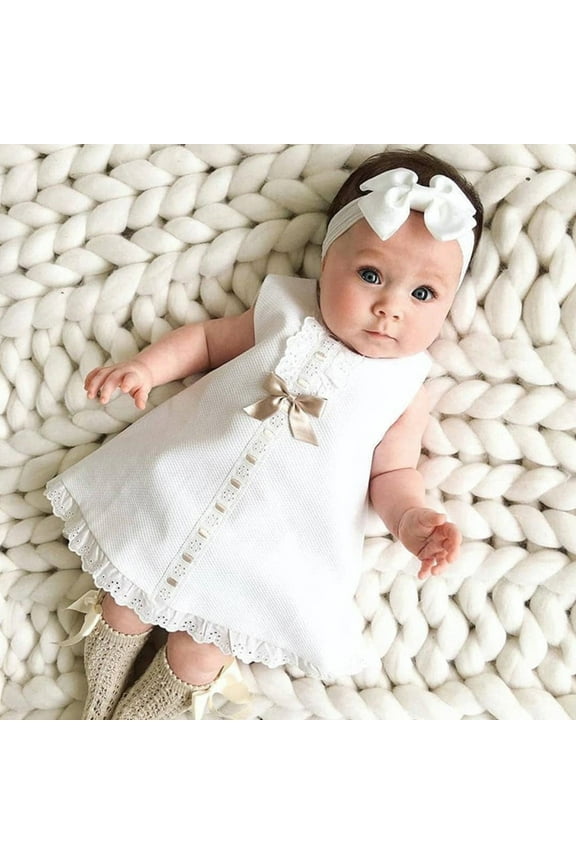 Infant Dress Toddler Girls Cute Dress Solid Color Lace Dress Round Collar Short Sleeve Dress with Bow Scarf Suit Baby Clothes White