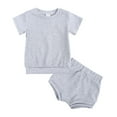 thumbnail image 1 of Odeerbi Infant Girls 2 Piece Outfits Cotton T-shirt Bloomers Set Summer Clothes Solid Color Threaded Round Neck Short Sleeve Shorts Two-Piece Set Gray, 1 of 8