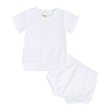 Odeerbi Infant Girls 2 Piece Outfits Cotton T-shirt Bloomers Set Summer Clothes Solid Color Threaded Round Neck Short Sleeve Shorts Two-Piece Set White