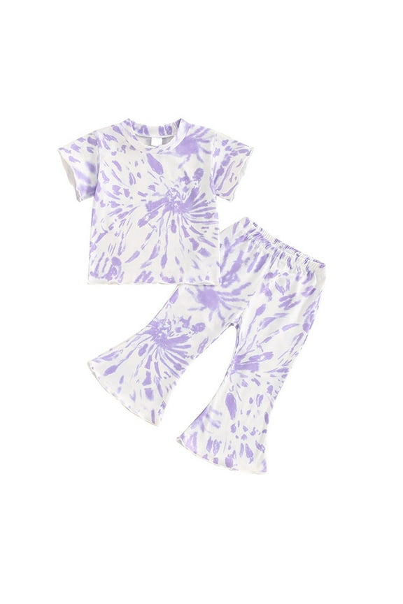 Infant Girls 2 Piece Outfits Tie-dye T-shirt Flared Pants Set Summer Clothes Fashion Casual Round Neck Collar Short Sleeve Botton Tops Solid Color Long Pants Sets Purple