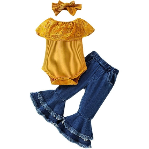 Odeerbi Infant Girls 3 Piece Outfits Ruffle Bodysuit Flared Jeans Set Summer Clothes Fashion Casual Round Neck Collar Short Sleeve Botton Tops Solid Color Long Pants Sets Yellow