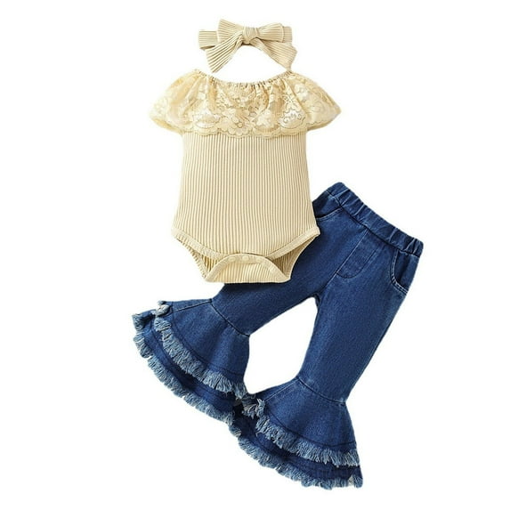 Odeerbi Infant Girls 3 Piece Outfits Ruffle Bodysuit Flared Jeans Set Summer Clothes Fashion Casual Round Neck Collar Short Sleeve Botton Tops Solid Color Long Pants Sets Beige