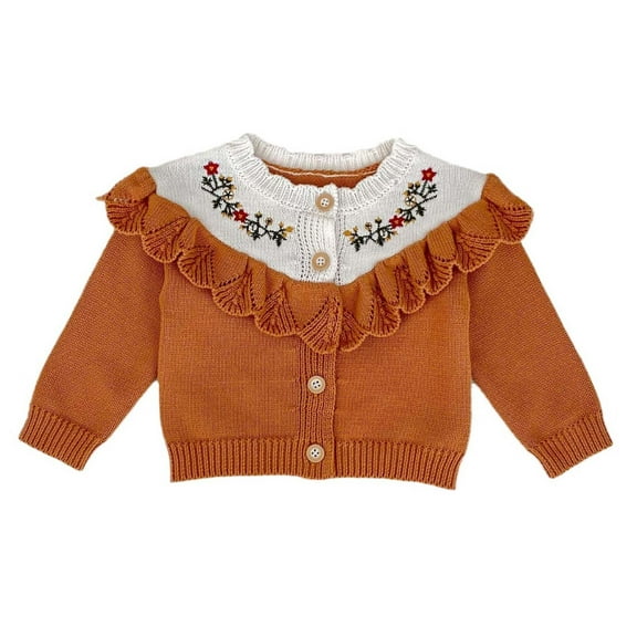 Odeerbi Infant Girls Cardigan Sweater New Fall Infant Baby Clothing Children Cotton Embroidered Knitted Lace Long Sleeve Sweater Cardigan Brown