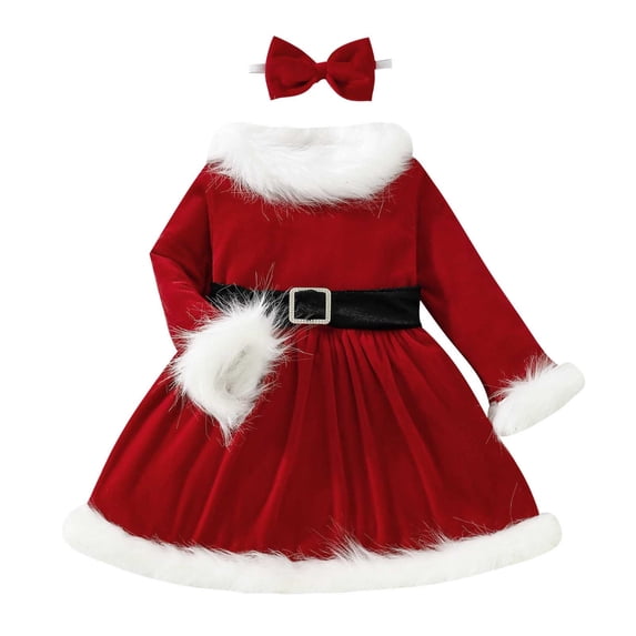 Odeerbi Infant Girls Christmas Flannel Dress Fall Winter Long Sleeve Dress Christmas Plush Dress with Bow Hairband Infant Clothes Red