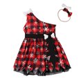 thumbnail image 1 of Odeerbi Infant Girls Christmas Plaid One Shoulder Dresses Cute Tulle Patchwork Irregular Hem Dress Kids Sleeveless Lattice Print Dress with Headband Suit Infant Girls Clothes, 1 of 9