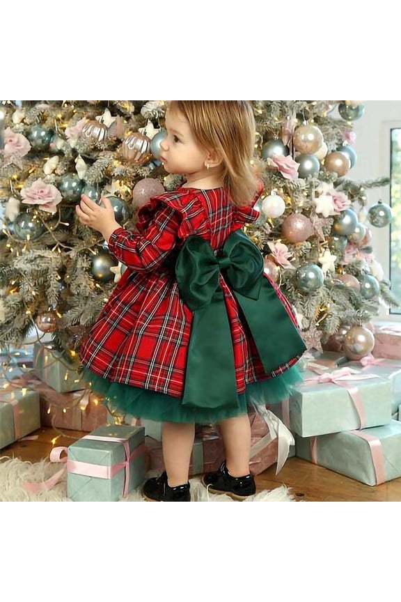 Infant Girls Christmas Plaid Tulle Dress Fall Winter Long Sleeve Dress Christmas Big Bow Mesh Princess Dress Infant Clothes Red