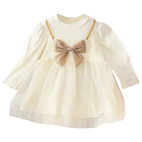 Odeerbi Infant Girls Cotton Dress Princess Dress Fashionable Puff Sleeve Bow Mesh Long Sleeve Round Neck Dress Beige