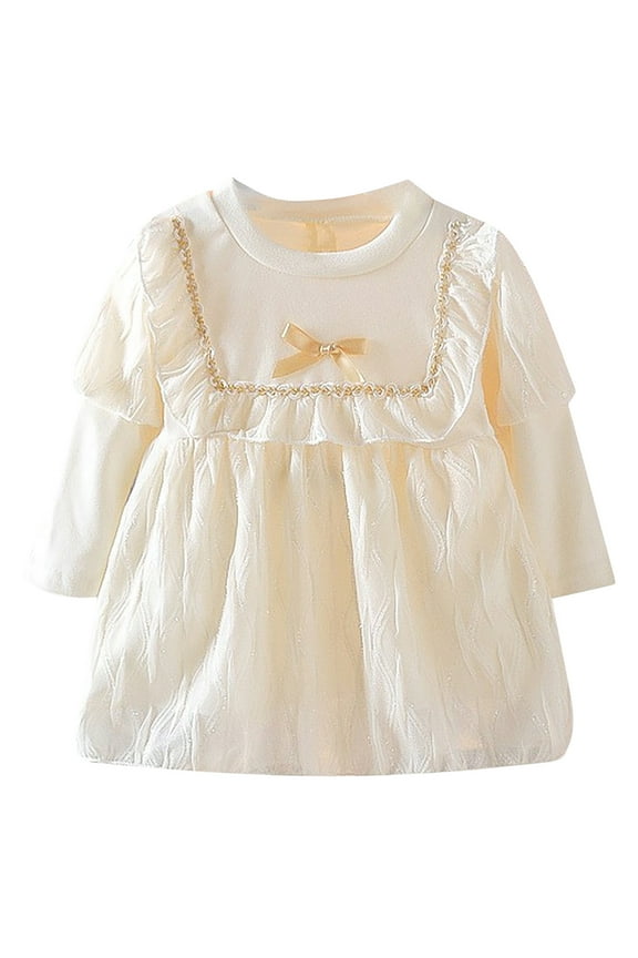 Infant Girls Cotton Dress Princess Dress Little Fragrant Style Spliced Lace Bow Puff Sleeve Long Sleeve Round Neck Dress White