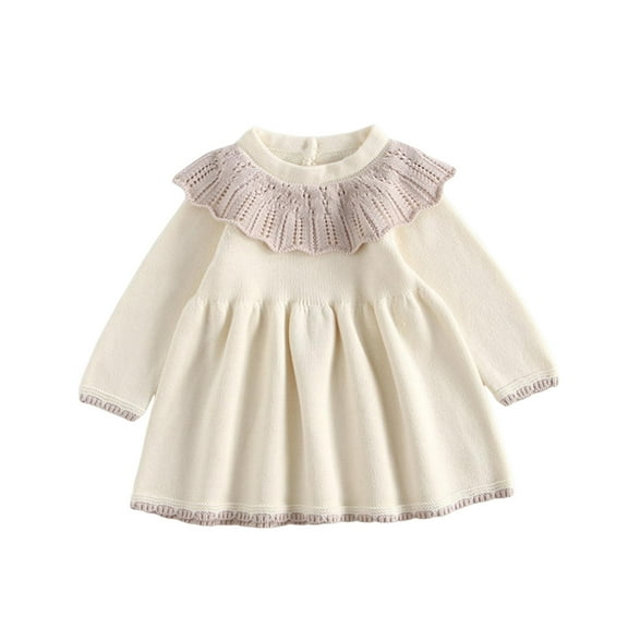 Odeerbi Infant Girls Cotton Knit Sweater Dress Cute Lace Collar Princess Dresses Children Solid Cute Sweet Round Neck Long Sleeve Dress Infant Girls Clothes