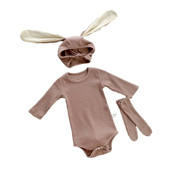 Odeerbi Infant Girls Cotton Rompers Jumpsuit Easter Baby Clothes 0-9 Months Spring Rabbit Ears Long Sleeved Baby Bodysuit Children's Clothing with Hat Khaki