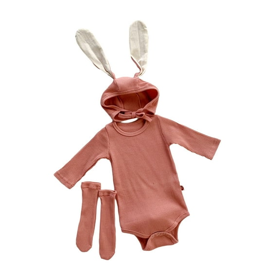 Odeerbi Infant Girls Cotton Rompers Jumpsuit Easter Baby Clothes 0-9 Months Spring Rabbit Ears Long Sleeved Baby Bodysuit Children's Clothing with Hat Pink