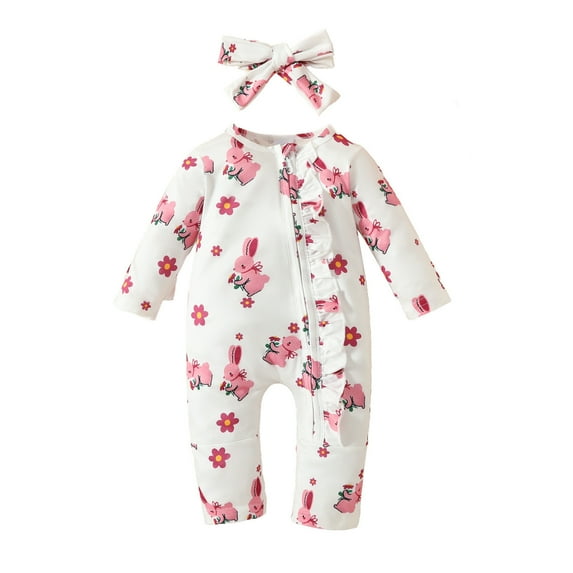 Odeerbi Infant Girls Cotton Rompers Jumpsuit Easter Baby Clothes 3-18 Months Infant Bunny Print Zipper Hoodie Easter Bodysuit Long Sleeve Long Crawling Suit with Headband Pink