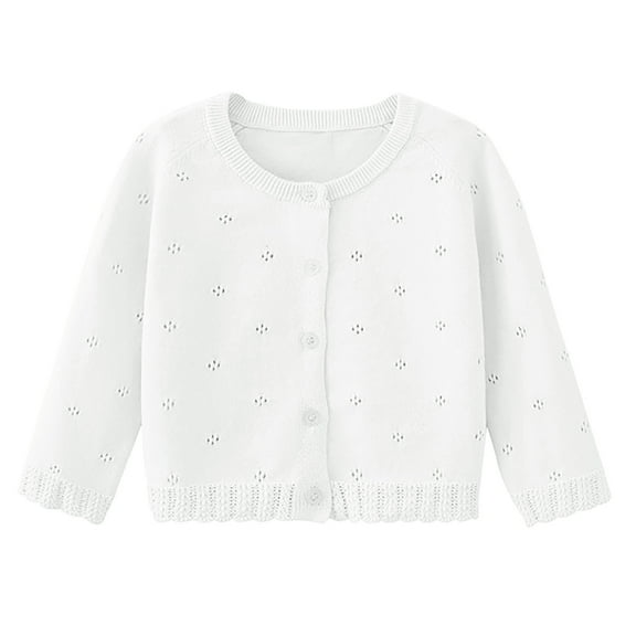 Odeerbi Infant Girls Crochet Knit Bolero Cardigan Cute Shrugs Kids Baby Fashion Solid Color Long Sleeve Cover Up Tops Thin Style Button Closure Cropped Knitwear White