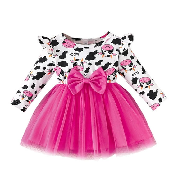 Odeerbi Infant Girls Cute Cow Print Tulle Dress Ruffle Long Sleeve Round Neck Patchwork Mesh Dress Infant Girls Clothes
