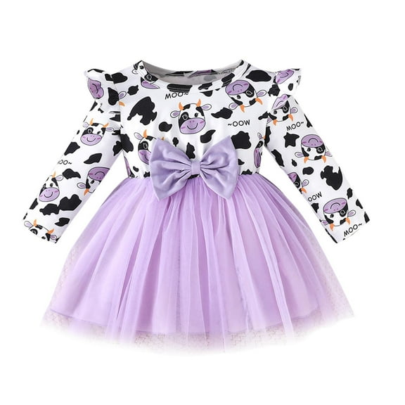 Odeerbi Infant Girls Cute Cow Print Tulle Dress Ruffle Long Sleeve Round Neck Patchwork Mesh Dress Infant Girls Clothes