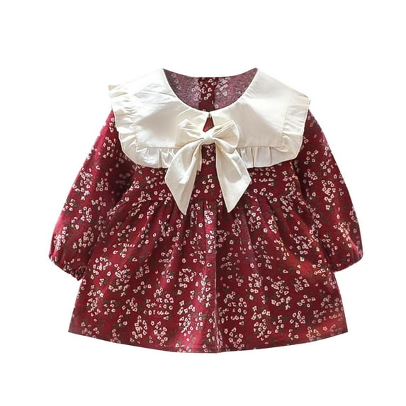 Odeerbi Infant Girls Cute Floral Princess Dresses Peter Pan Collar Cotton Dress Fashion Long Sleeve Dress Infant Girls Clothes