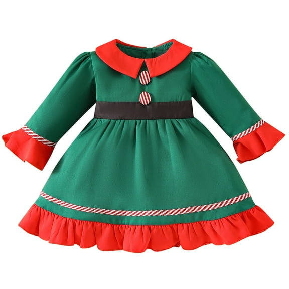 Odeerbi Infant Girls Cute Ruffle Christmas Dresses Spring Fall Long Sleeve Cotton Dress Round Neck A-Line Dress Infant Girls Clothes