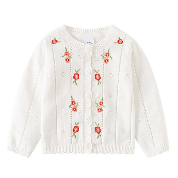Odeerbi Infant Girls Embroidered Cardigan Sweater Fall Winter Knitted Cardigan Baby Cotton Sweater Embroidery Wool Sweater Round Neck Tops White