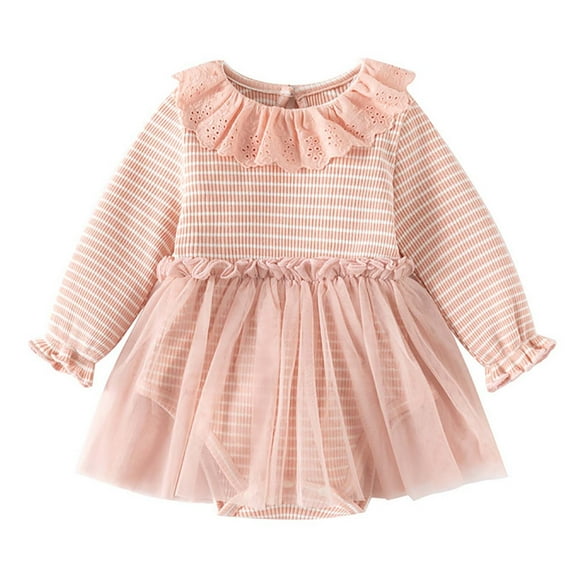 Odeerbi Infant Girls Fall Winter Cotton Dress Princess Dress Long Sleeve Bloomers Diaper Cover Dress Fashion Fall Winter Baby Wrap Dress Striped Lace Collar Sweet Mesh Onesie Dress Pink