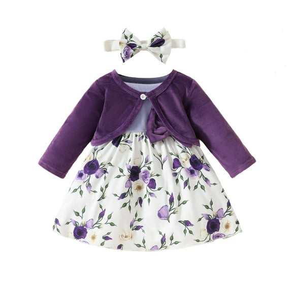 Odeerbi Infant Girls Fall Winter Outfits Floral Rib Knit Tank Dress with Velvet Shrugs Set Flower Bow Print Sleeveless Knitted Dress Shrugs Headband Three Piece Set Infant Clothes Purple