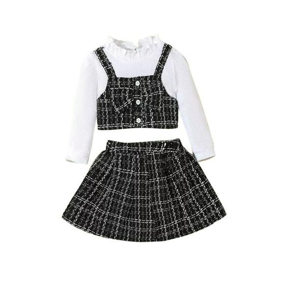 Odeerbi Infant Girls Fall Winter Outfits Plaid Rib Knit Skirt Set College Style Solid Color V-neck Top Pleated Skirt Set Infant Clothes Black