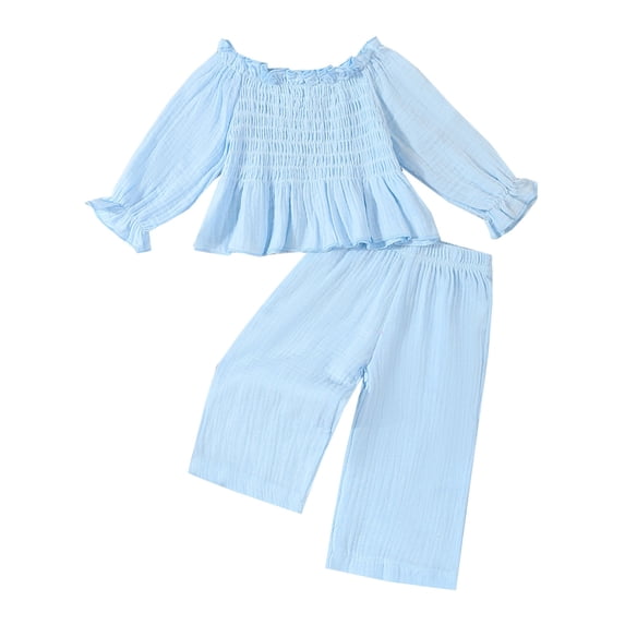 Odeerbi Infant Girls Fall Winter Outfits Ruffle Pleated Waist Tops Pants Set Fashion Casual Solid Color Cotton Long Sleeve Tops Straight Leg Pants Set Infant Clothes Light Blue