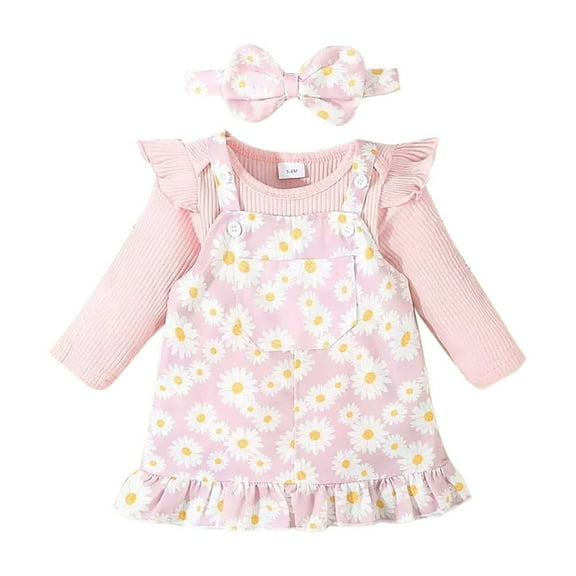 Odeerbi Infant Girls Fall Winter Outfits Ruffle Rib Knit Tops with Daisy Overall Dress Set Solid Color Stripe Top Daisy Apron Dress Bow Headband Three Piece Set Infant Clothes Pink