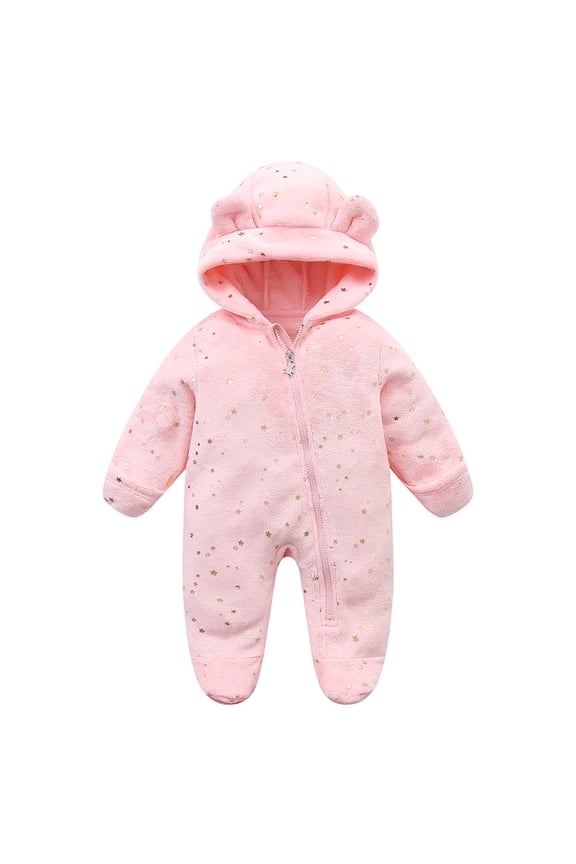 Infant Girls Flannel Fleece Jumpsuits Winter Thermal Hooded Rompers Kids Solid Color Cute Plush Thickening Keep Warm Bear Ear Snowsuits Bodysuit Infant Clothes Pink