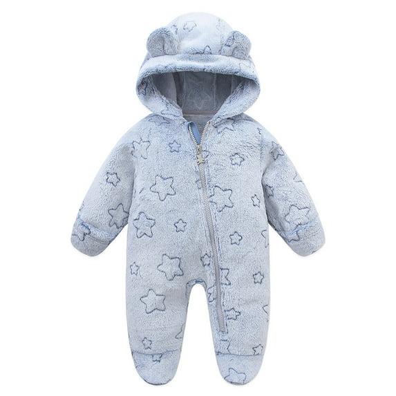 Odeerbi Infant Girls Flannel Fleece Jumpsuits Winter Thermal Hooded Rompers Kids Solid Color Cute Plush Thickening Keep Warm Bear Ear Snowsuits Bodysuit Infant Clothes Blue