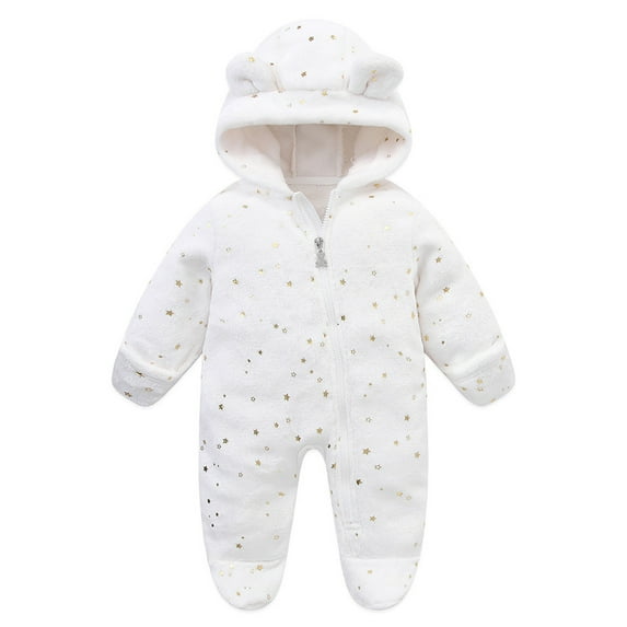 Odeerbi Infant Girls Flannel Fleece Jumpsuits Winter Thermal Hooded Rompers Kids Solid Color Cute Plush Thickening Keep Warm Bear Ear Snowsuits Bodysuit Infant Clothes White