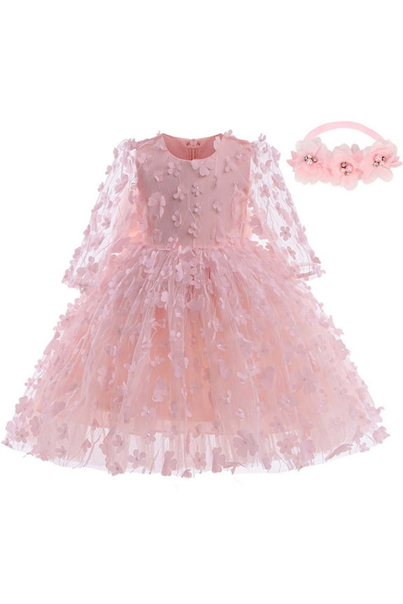 Infant Girls Flower Embroidered Princess Dress Tulle Flower Girl Dress Cute Evening Formal Dresses Baby Long Sleeve Party Dress with Headband Infant Girls Clothes