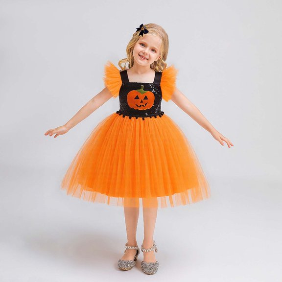 Odeerbi Infant Girls Halloween Princess Dress Pumpkin Sequin Ruffle Sleeve Tulle Tutu Dress