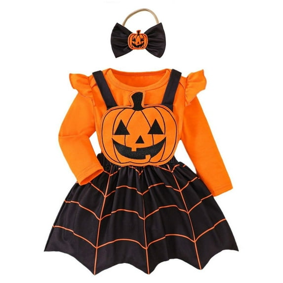 Odeerbi Infant Girls Halloween Pumpkin Suspender Skirt Set Dress Up Clothes Long Sleeve Romper Pumpkin Ghost Face Overall Skirt Suit Orange
