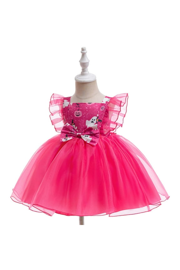 Infant Girls Halloween Pumpkin Tulle Dress Ruffle Sleeve Princess Dress Childrens Witch Ghost Performance Mesh Formal Dresses Infant Clothes Pink
