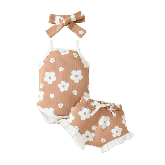 Odeerbi Infant Girls Layette Set Floral Romper and Ruffle Bloomers with Headband Fashion Sling Sleeveless Print Romper Jumpsuit Shorts Khaki