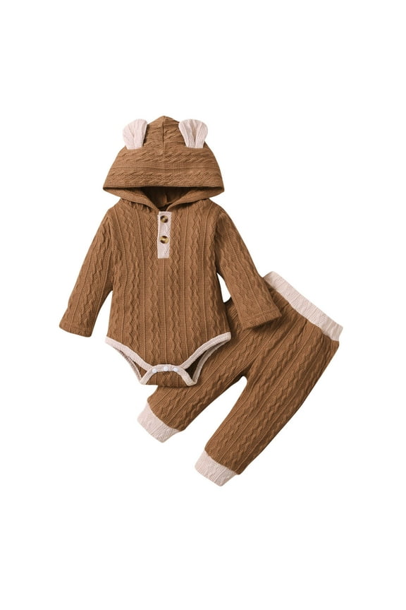 Infant Girls Layette Set Long Sleeve Romper Jumpsuit Outfits Knitting Cotton Baby Clothes Fashion Casual Round Neck Collar Botton Tops Solid Color Long Pants Sets Brown