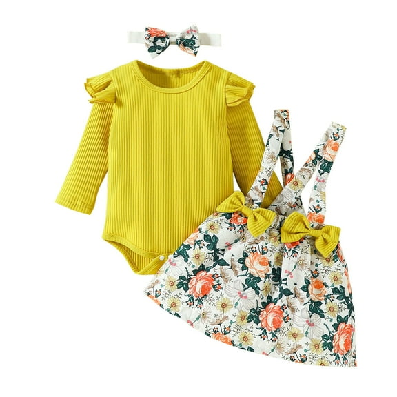 Odeerbi Infant Girls Layette Set Long Sleeve Romper Jumpsuit Outfits Knitting Cotton Baby Clothes Round Neck Floral Blouses Shirts Suspender Skirt Sets Yellow