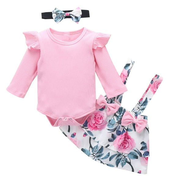Odeerbi Infant Girls Layette Set Long Sleeve Romper Jumpsuit Outfits Knitting Cotton Baby Clothes Round Neck Floral Blouses Shirts Suspender Skirt Sets Pink