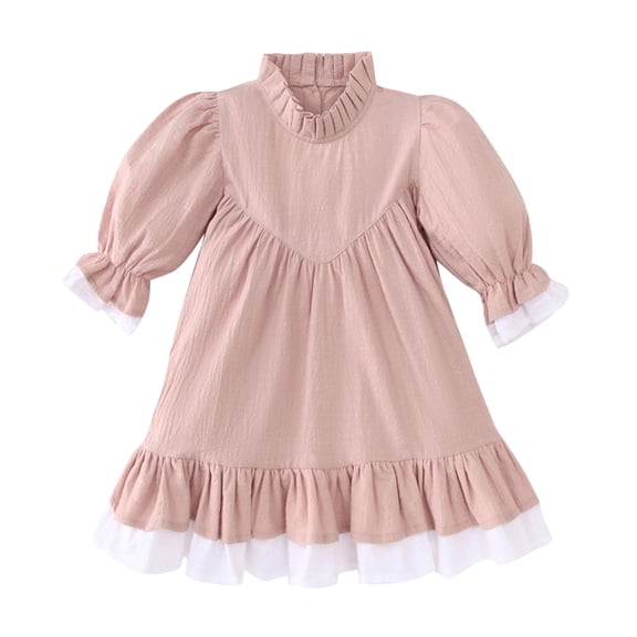 Odeerbi Infant Girls Long Sleeve A-Line Dress Spring Summer Cute Ruffle Princess Dresses Solid Color Sweet Round Neck Lantern Sleeve Dress Infant Girls Clothes