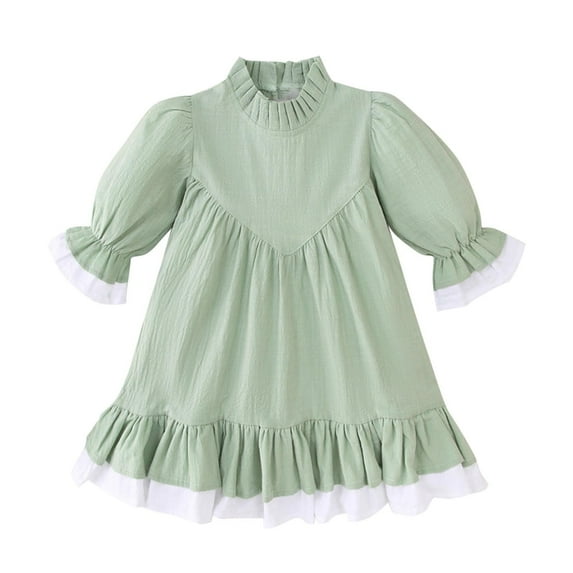 Odeerbi Infant Girls Long Sleeve A-Line Dress Spring Summer Cute Ruffle Princess Dresses Solid Color Sweet Round Neck Lantern Sleeve Dress Infant Girls Clothes