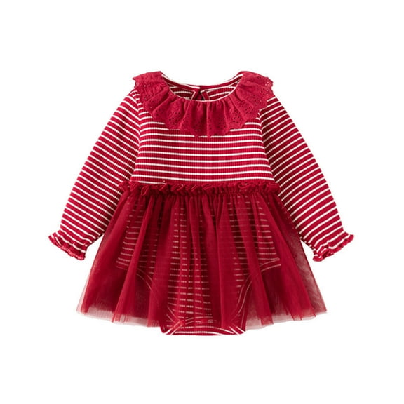 Odeerbi Infant Girls Long Sleeve Bodysuit Tulle Dress Striped Ruffle Cotton Dress Spring Fall Cute Flower Collar Dress Infant Girls Clothes