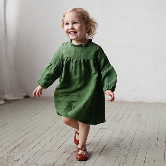 Odeerbi Infant Girls Long Sleeve Cotton Linen Dress Spring Summer Cute Princess Dresses Solid Color Lantern Sleeve Ruffle Round Neck A-line Dress Infant Girls Clothes
