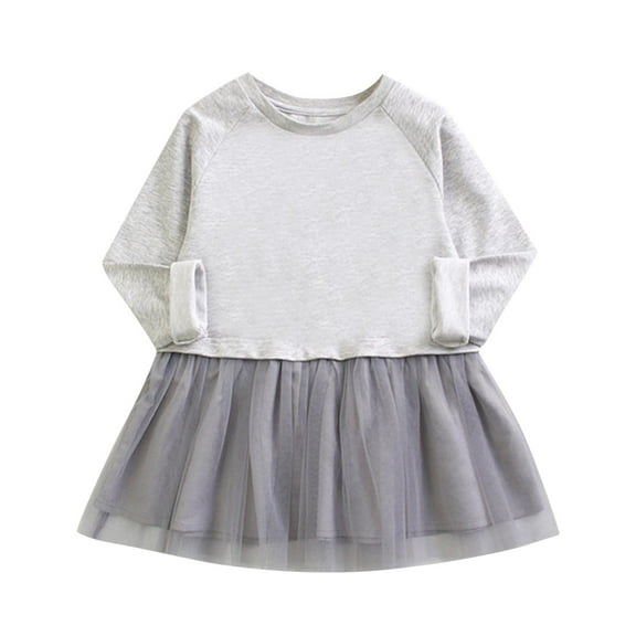 Odeerbi Infant Girls Long Sleeve Cotton Tulle Dress Spring Fall Cute Dress Solid Color Round Neck Mesh Splicing Loose Casual Dress Infant Girls Clothes