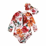 Odeerbi Infant Girls Long Sleeve Rash Guard One Piece Nylon and Spandex, Swimsuit (Girl's)