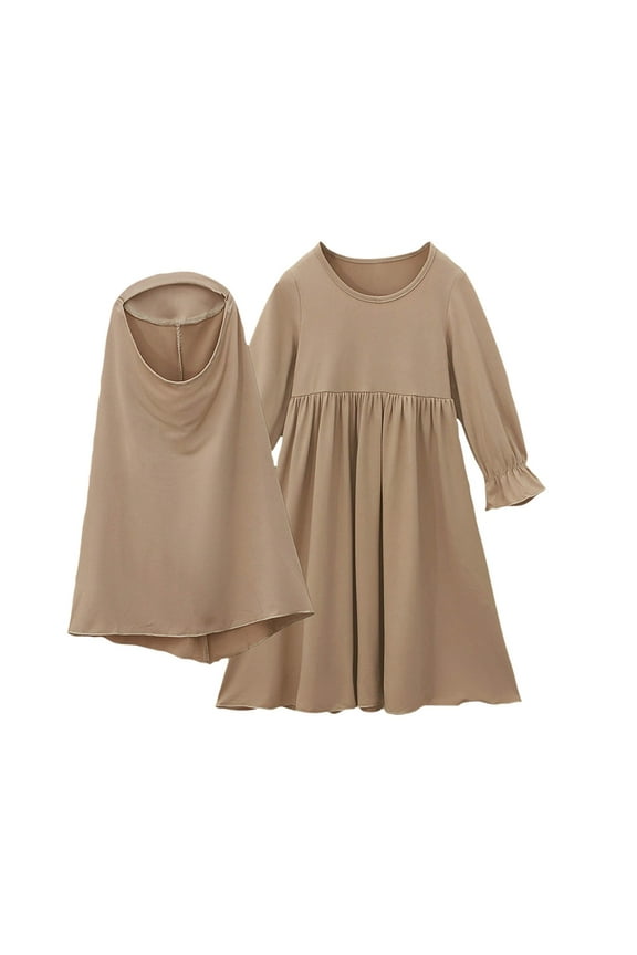 Infant Girls Muslim Dress One-Piece Islamic Prayer Dress with Hijab Long Sleeve Round Neck Grenadine Dress with Headscarf Khaki