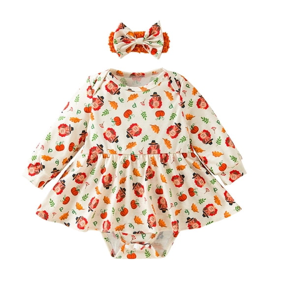 Odeerbi Infant Girls Outfits Baby Layette Set Thanksgiving Turkey Print Romper Cotton Jumpsuit Baby Thanksgiving Chicken Print Round Neck Long Sleeve Onesie Bodysuit Set White