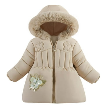 Odeerbi Infant Girls Parka Winter Coat Thermal Quilted Puffer Jacket Padded Coats Plus Velvet Thickened Outerwear Children's Medium Long Coat Infant Clothes Khaki