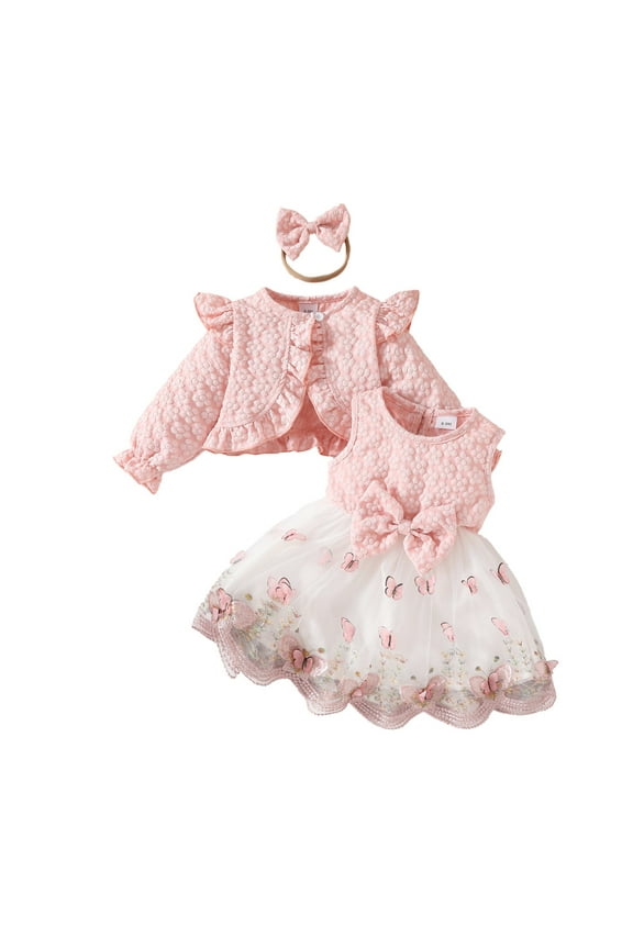 Infant Girls Party Floral Tank Dress with Bolero Shrugs Set Butterfly Embroidered Lace Tulle Dress Two Piece Set Cute Long Sleeve Cropped Jacket Dress Set Infant Girls Clothes
