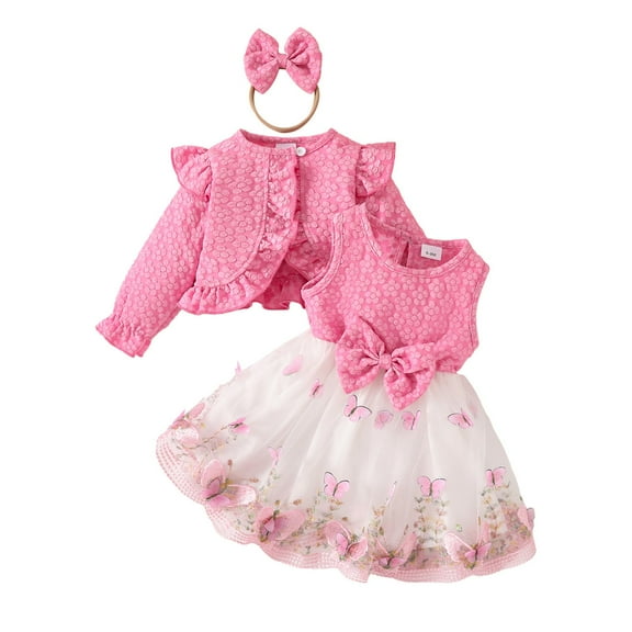 Odeerbi Infant Girls Party Floral Tank Dress with Bolero Shrugs Set Butterfly Embroidered Lace Tulle Dress Two Piece Set Cute Long Sleeve Cropped Jacket Dress Set Infant Girls Clothes