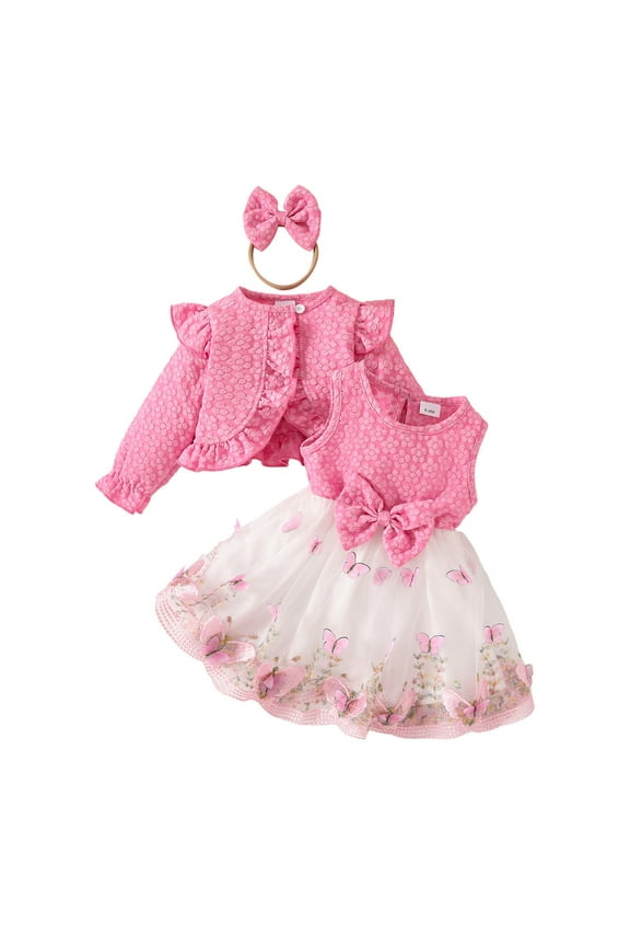 Infant Girls Party Floral Tank Dress with Bolero Shrugs Set Butterfly Embroidered Lace Tulle Dress Two Piece Set Cute Long Sleeve Cropped Jacket Dress Set Infant Girls Clothes